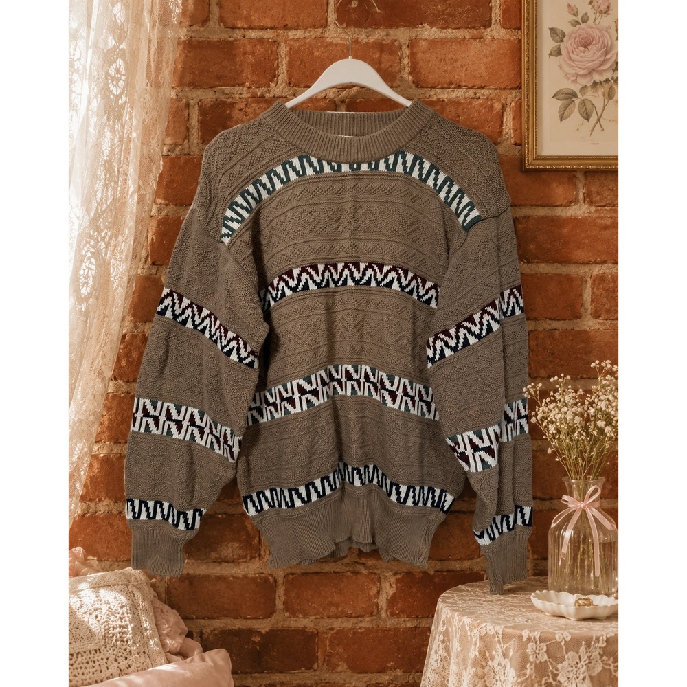 Vintage Sears Roebuck Mens Brown Geometric Cotton Knit Crewneck 90s Sweater M